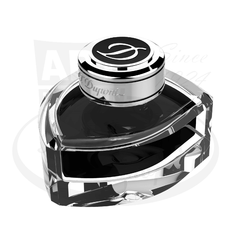 S.T. Dupont 040160 black fountain pen ink in crystal glass bottle with chrome cap, heart-shaped base, signature D logo engraved on top