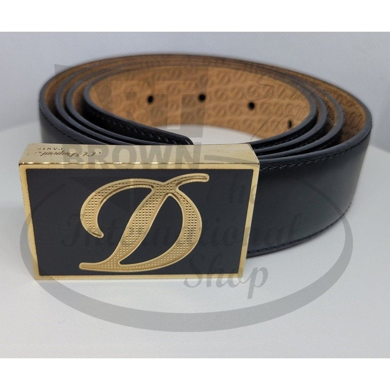 S.T. Dupont Line D Heritage Belt 051210 Chinese lacquer black leather strap yellow gold buckle