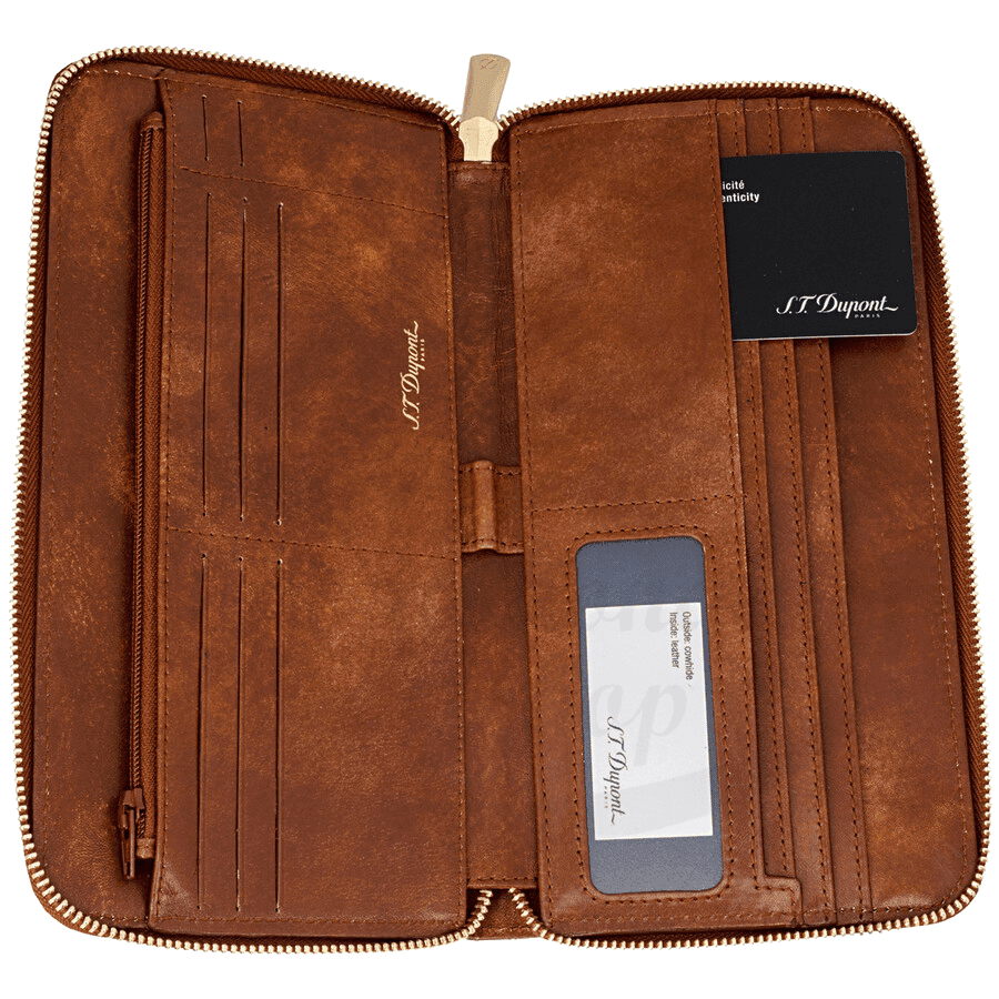 S.T. Dupont Line D Shoot the Moon 183131 brown calfskin leather organizer with gold-plated hardware, featuring multiple card slots and zip pocket, opened to display interior