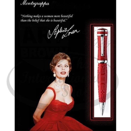 Montegrappa Sophia Loren Ballpoint Pen red resin silver trim flower engraving Swarovski gem clip elegant design