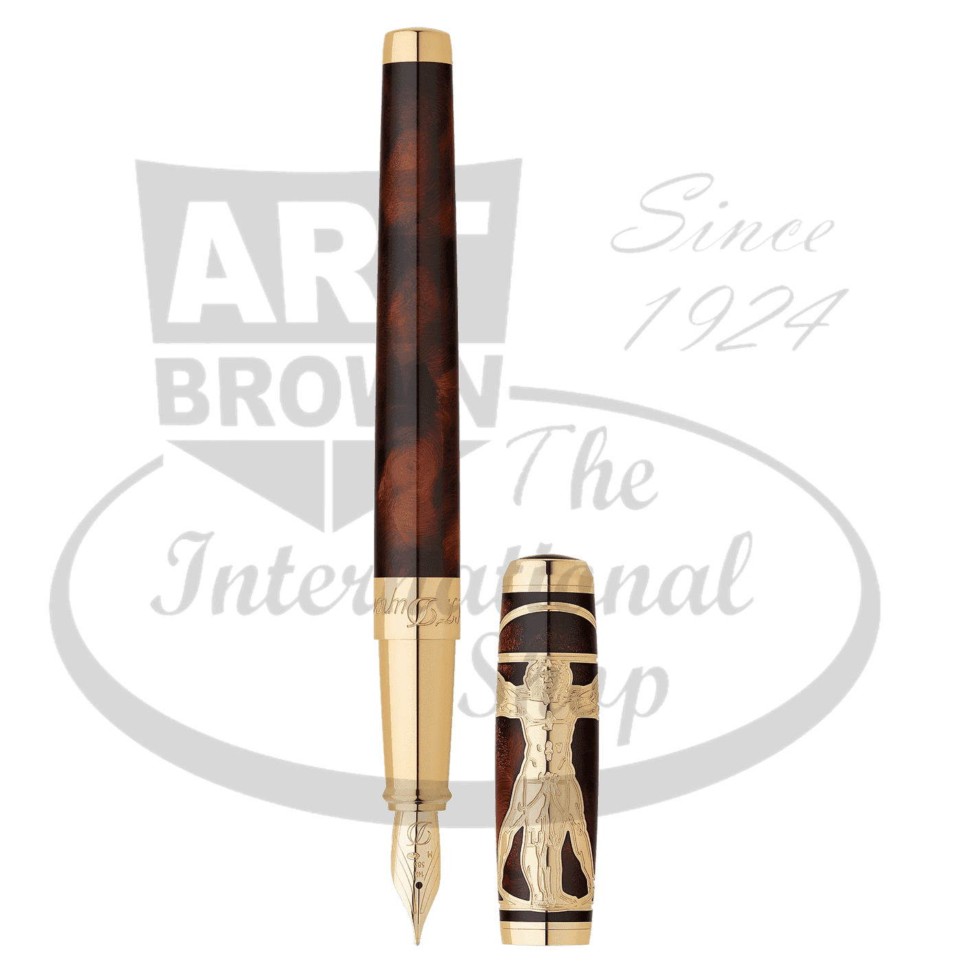S.T. Dupont Line D Vitruvian Man 410037 fountain pen in Chinese lacquer with gold accents, detailed Vitruvian Man cap design