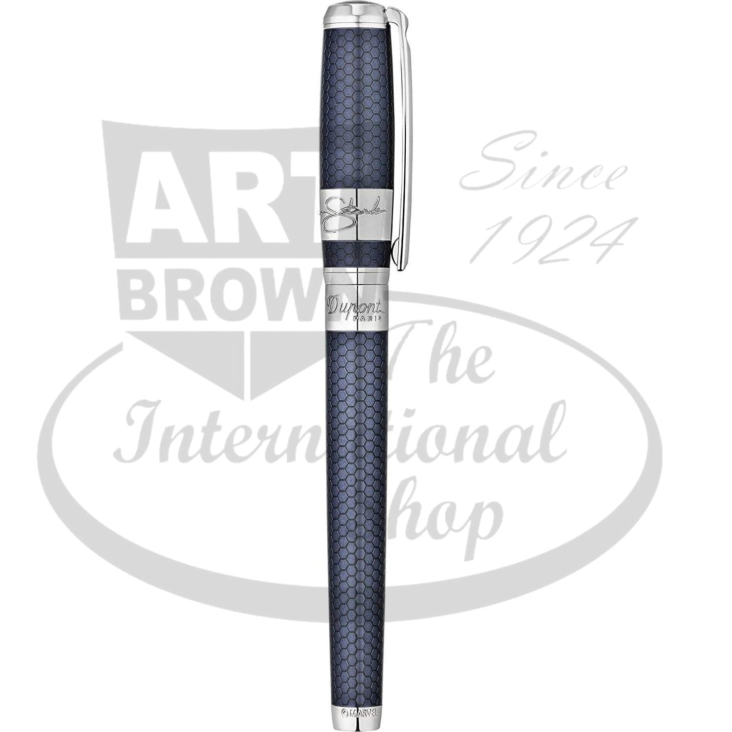 S.T. Dupont Line D Tony Stark 412708 rollerball pen, blue lacquer honeycomb design, silver tone palladium trim.