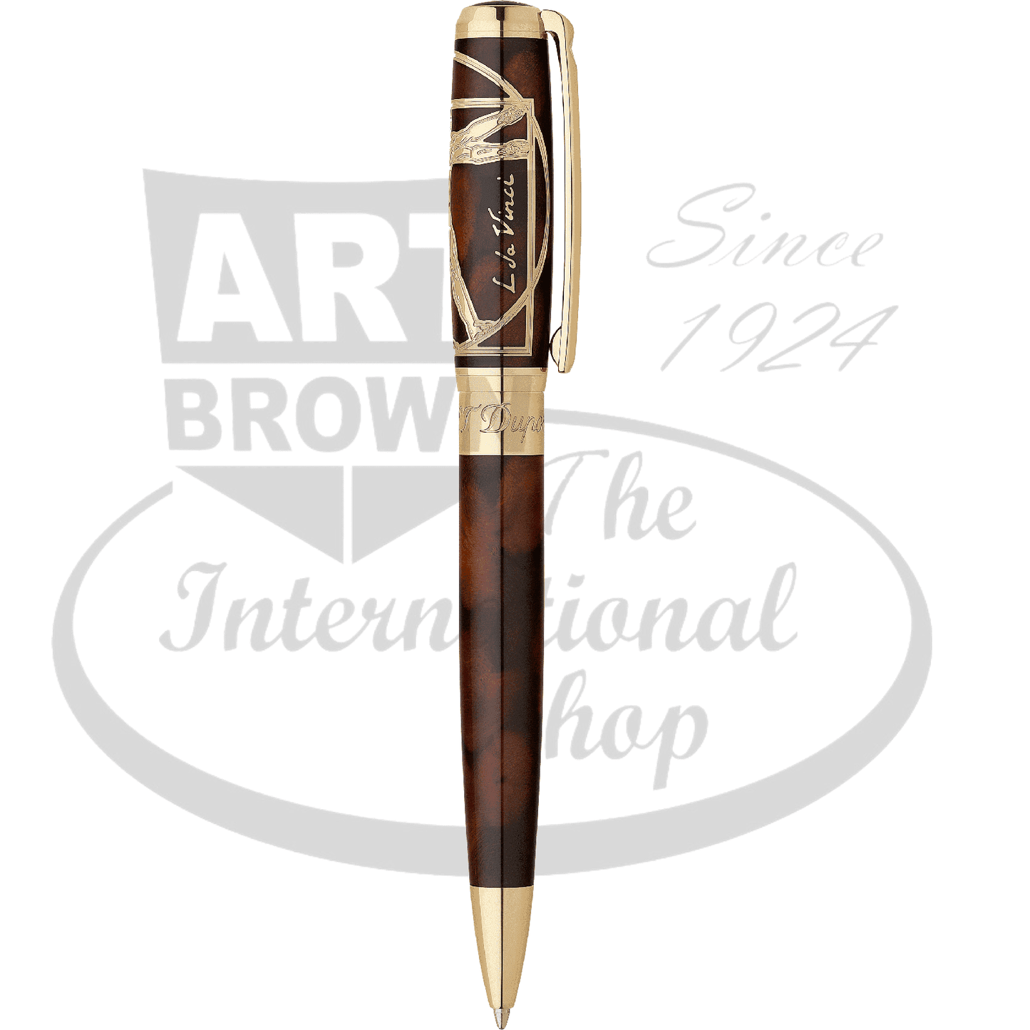 S.T. Dupont Line D Vitruvian Man 415037 brown lacquer and gold ballpoint pen with DaVinci design