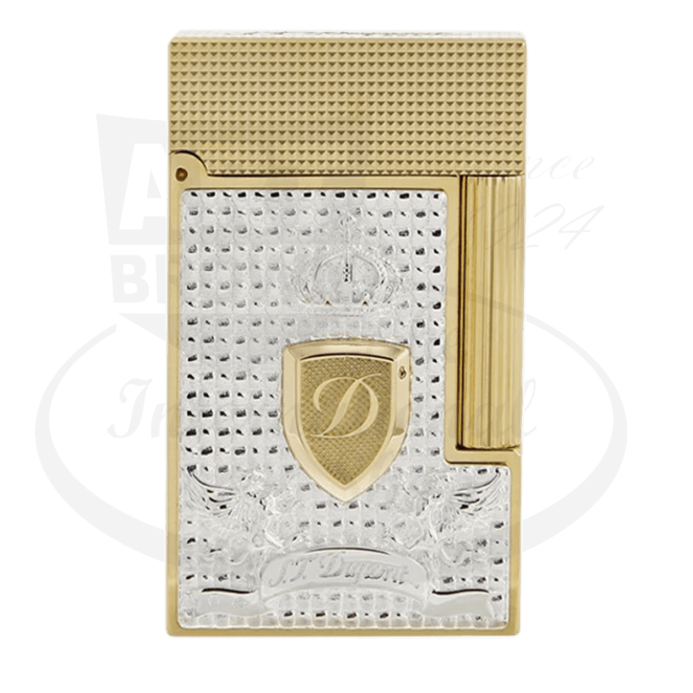 S.T. Dupont Ligne 2 C16041 gold-plated brass lighter with silver blazon panel, textured diamond pattern, and shield emblem featuring D monogram