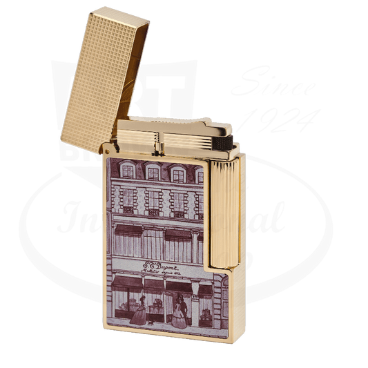 ST Dupont Ligne 2 Perfect Cling C16042 brass lighter with engraved Hotel Particulier facade artwork on gold-plated finish, textured grid pattern lid, limited edition piece