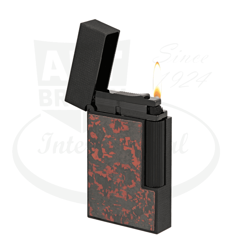 S.T. Dupont Ligne 2 C16397FL black carbon fiber luxury lighter with fiery red lava pattern, open lid showing adjustable double flame