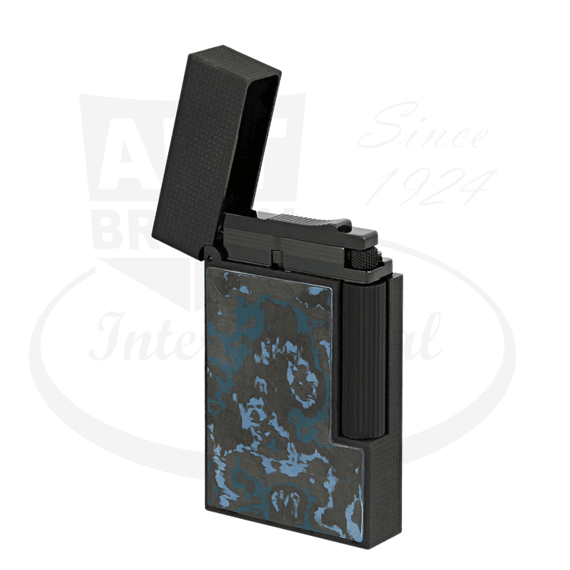 S.T. Dupont Ligne 2 C16397GC luxury lighter in black carbon fiber with glacial blue pattern, featuring microdiamond head and double flame mechanism