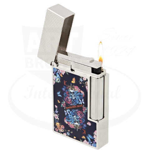 S.T. Dupont Ligne 2 C16410 platinum lighter featuring skull and floral design, micro-diamond head pattern, limited edition perfect cling finish