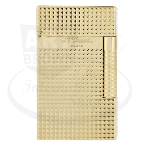 S.T. Dupont Le New Grand Perfect Cling luxury lighter in yellow gold brass with diamond head pattern texture and dual flame system, featuring signature brand engraving