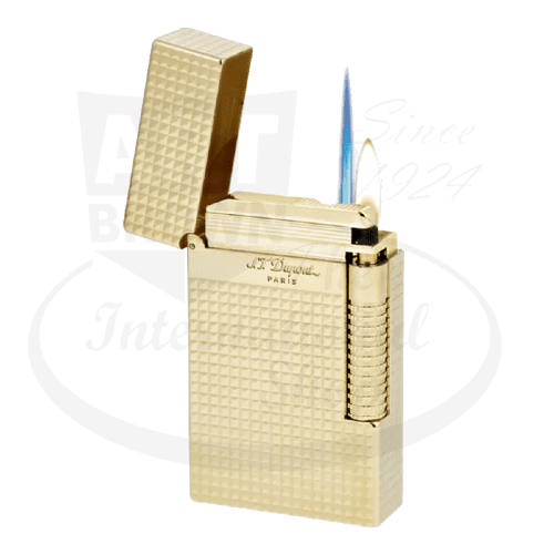 S.T. Dupont Le New Grand Perfect Cling lighter in yellow gold brass with diamond head pattern and dual flame system, showcasing textured surface and iconic brand engraving