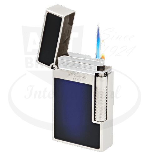 S.T. Dupont Le New Grand Perfect Cling luxury lighter in blue lacquer and palladium finish, featuring dual flame system and signature 'cling' sound, displayed open with flame