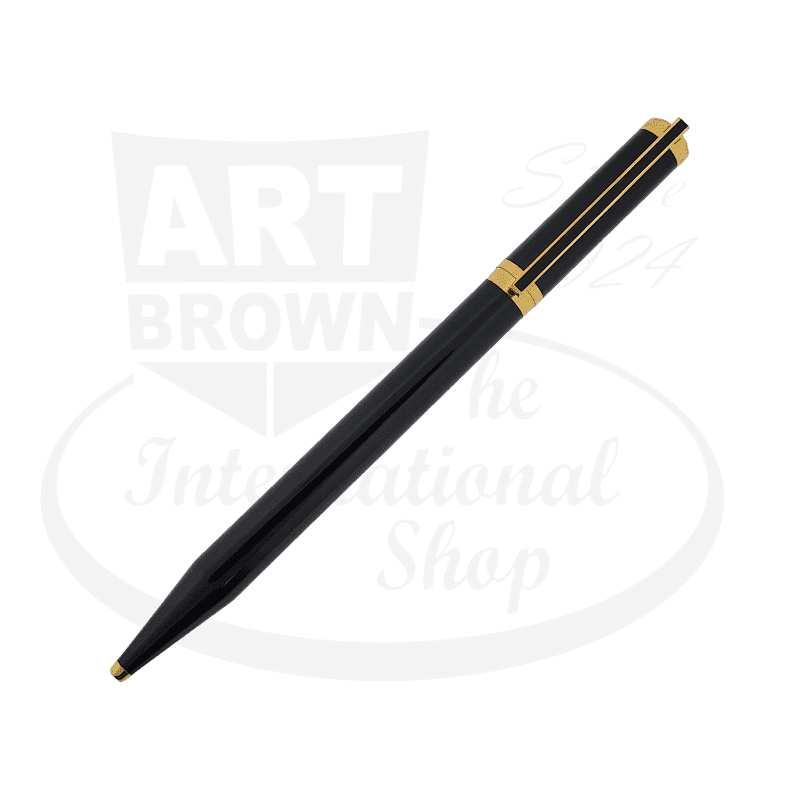 S.T. Dupont Classique ballpoint pen featuring black Chinese lacquer brass body with gold-plated trim, sleek elongated design with tapered end