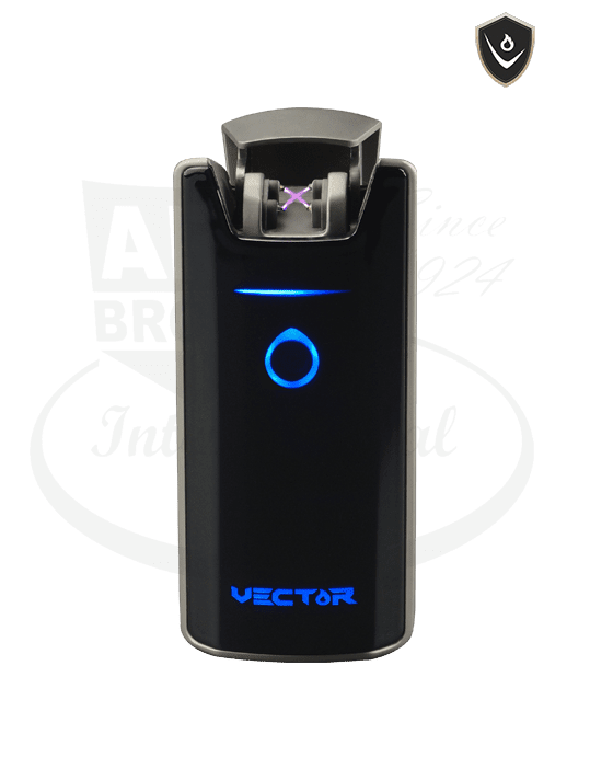 Vector COSMO 02 dual-flame torch lighter in gunmetal black aluminum, featuring blue LED indicators and sensor ignition button, compact portable design