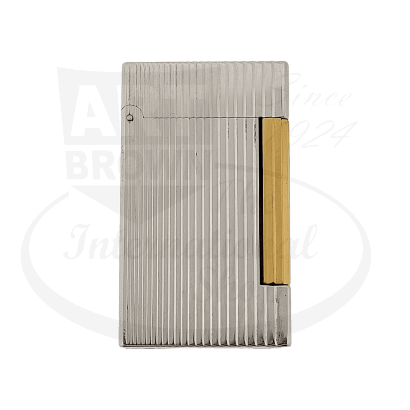 ST Dupont D-Line Duotone 017123 brass and silver-plated lighter with vertical line pattern, gold accent bar, slim rectangular design, refurbished