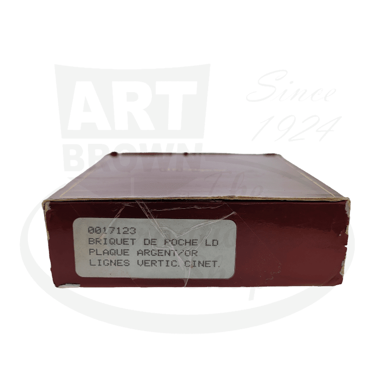 ST Dupont D-Line 017123 silver-plated lighter box with vintage burgundy packaging showing French product labeling and vertical line pattern design
