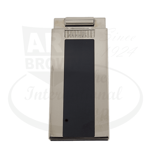 ST Dupont D-Light 021002 black lacquer and palladium lighter featuring slim design with sliding mechanism and retraction button