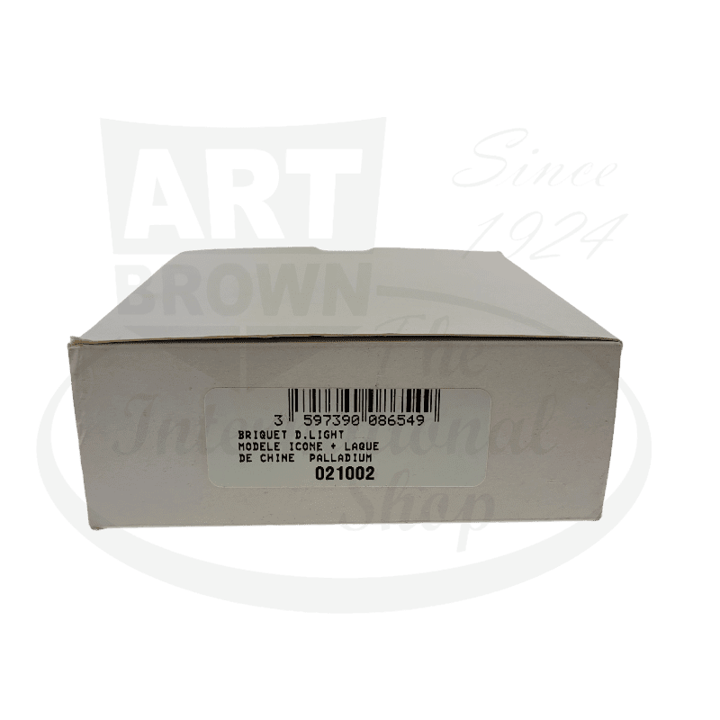 ST Dupont D-Light 021002 black lacquer palladium lighter retail box with barcode and product details, original packaging from Art Brown