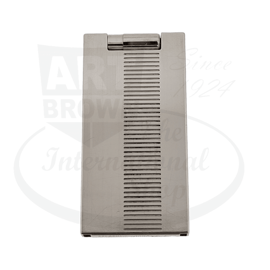 ST Dupont D-Light 021001 palladium lighter featuring sleek vertical ribbed pattern, sliding mechanism, retraction button, ultra-thin profile, polished metallic finish