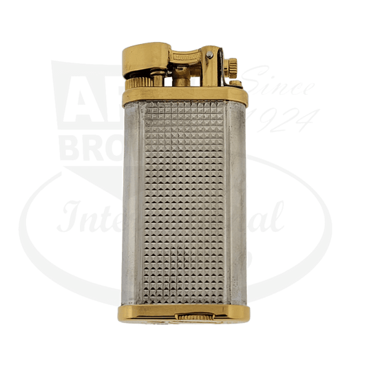 Dunhill Unique Model vintage hammer lighter featuring brass and silver-tone metal construction with textured pattern, gold-tone top mechanism