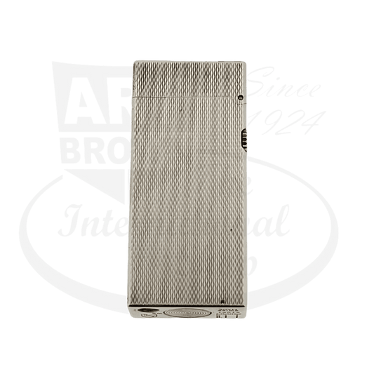 Dunhill Rollagas silver-plated barley grain pattern lighter, rectangular shape with textured metallic finish, display model with vintage patina