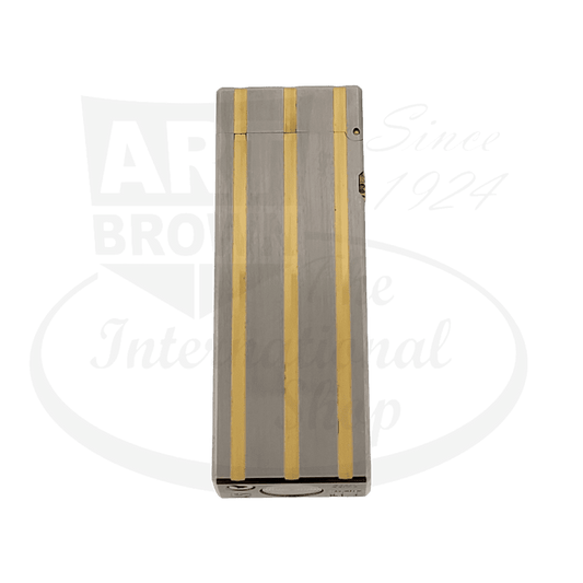 Dunhill Rollagas silver-plated metal lighter with vertical gold-tone stripes, rectangular shape, sleek design by Art Brown International