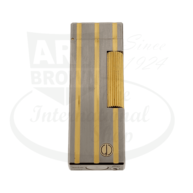 Dunhill Rollagas silver-plated metal lighter with vertical gold stripes, flint wheel ignition, and ribbed side panel, showcasing luxury Art Brown craftsmanship