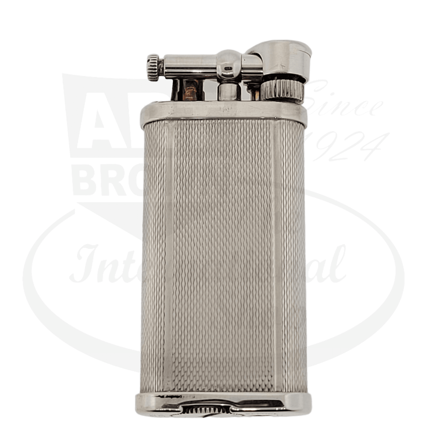 Dunhill Unique silver-plated hammer lighter featuring barley grain textured design on body, display model with patina detailing and mechanical flint wheel mechanism