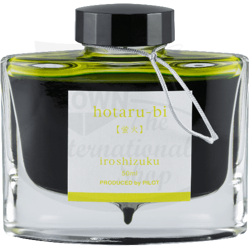 Pilot Iroshizuku Hotaru-bi fountain pen ink in glass bottle, 50ml, luminous yellow-green liquid with black cap and white label