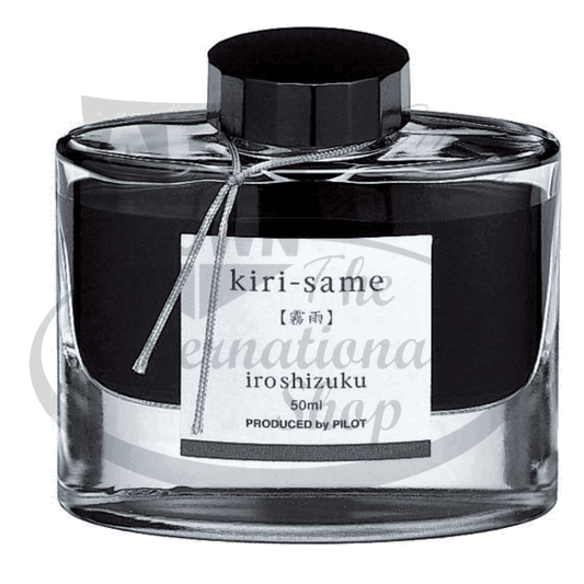 Pilot Iroshizuku Kiri-same 50ml glass bottle fountain pen ink in misty grey with black cap and silver ribbon accent
