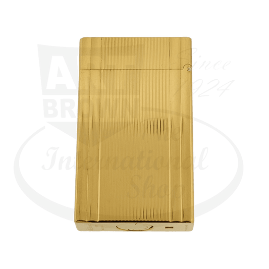 S.T. Dupont Ligne 1 014245 brass gold luxury lighter featuring vertical stripe pattern, rectangular shape with classic tall design, pristine display model condition