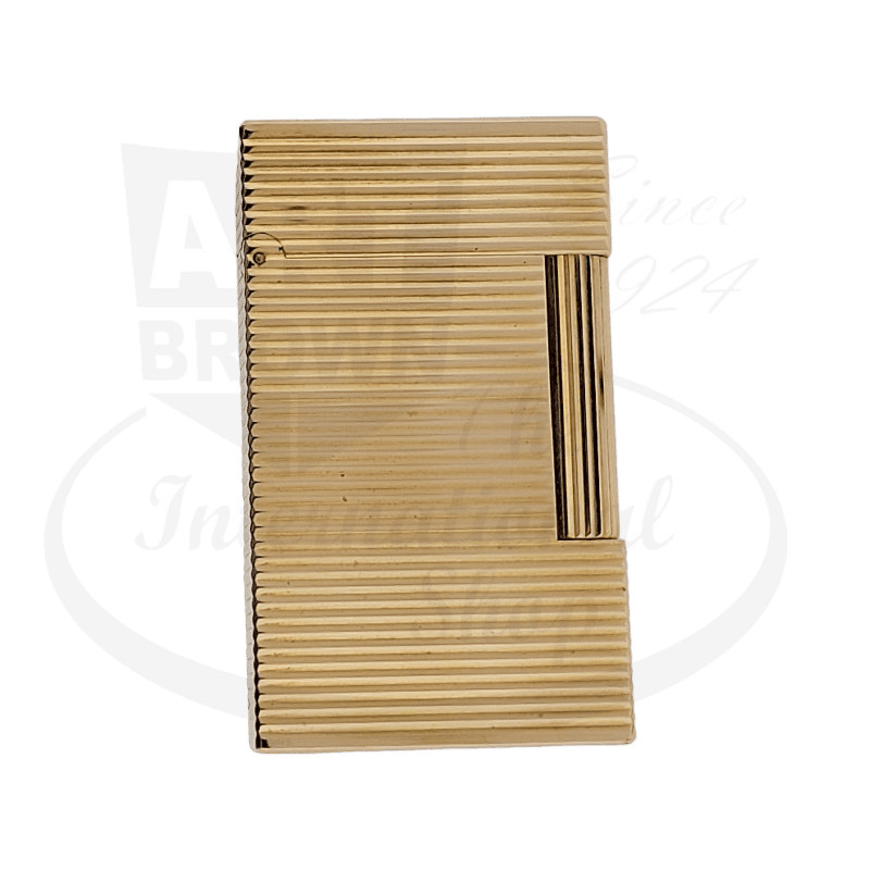 ST Dupont Ligne 2 516209 vintage gold-plated brass lighter featuring horizontal line pattern, rectangular shape with distinctive ridged texture