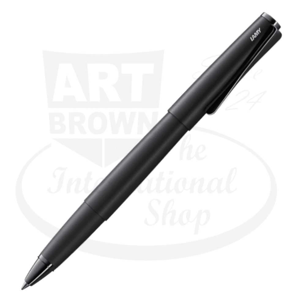 LAMY Studio LX L366ALBK matte black lacquered steel rollerball pen with distinctive propeller-shaped clip, cylindrical barrel, and twist mechanism