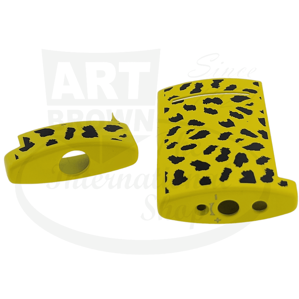 S.T. Dupont Minijet 010074S plastic yellow shell with black leopard print pattern, replacement lighter case shown in two pieces