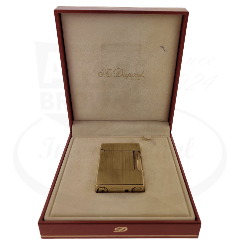 S.T. Dupont Ligne 2 016421 brass brushed gold luxury lighter in burgundy presentation box with beige interior, featuring vertical line texture finish