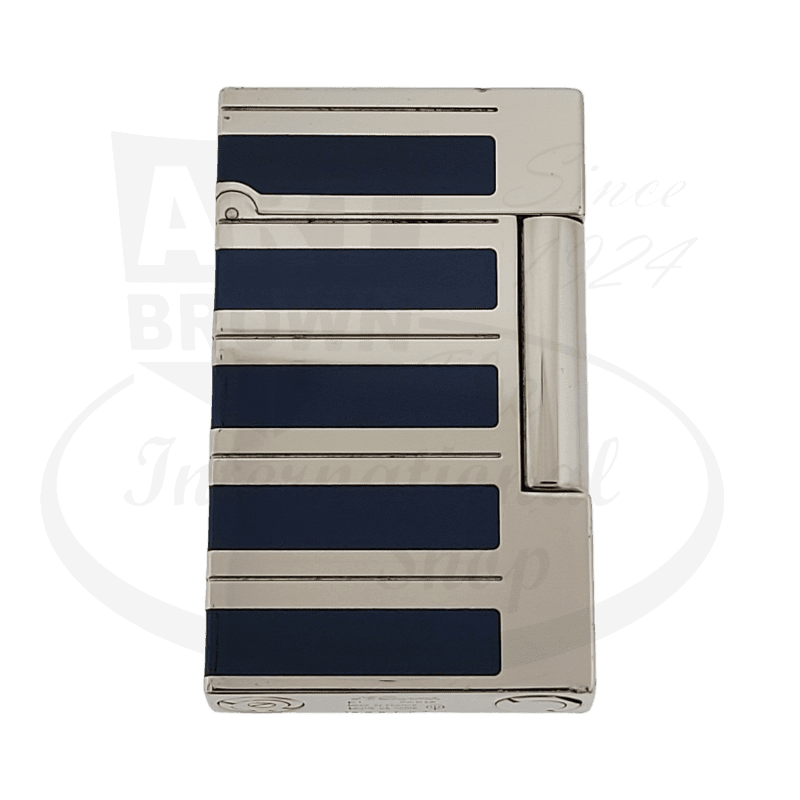 S.T. Dupont Ligne 2 016792 palladium-plated lighter with navy blue lacquer strips, rectangular design featuring vertical striped pattern, refurbished condition