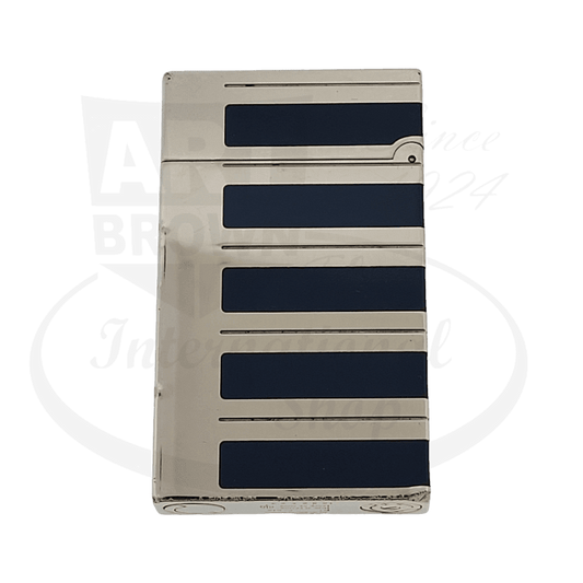 ST Dupont Ligne 2 016792 palladium lighter with navy lacquer strips, rectangular body featuring five horizontal blue inlays against metallic surface