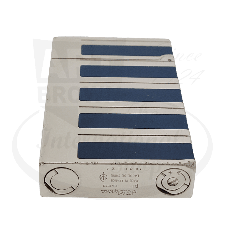 S.T. Dupont Ligne 2 016792 palladium lighter with navy lacquer strips, featuring horizontal blue enamel bands on silver-toned metal body