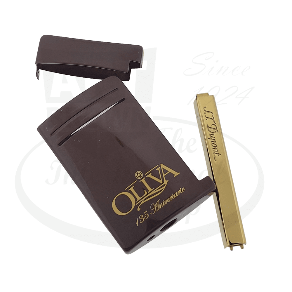 S.T. Dupont Maxijet 020169NS brown metal shell and gold trigger, Oliva cigar design with engraved logo and 135th anniversary marking