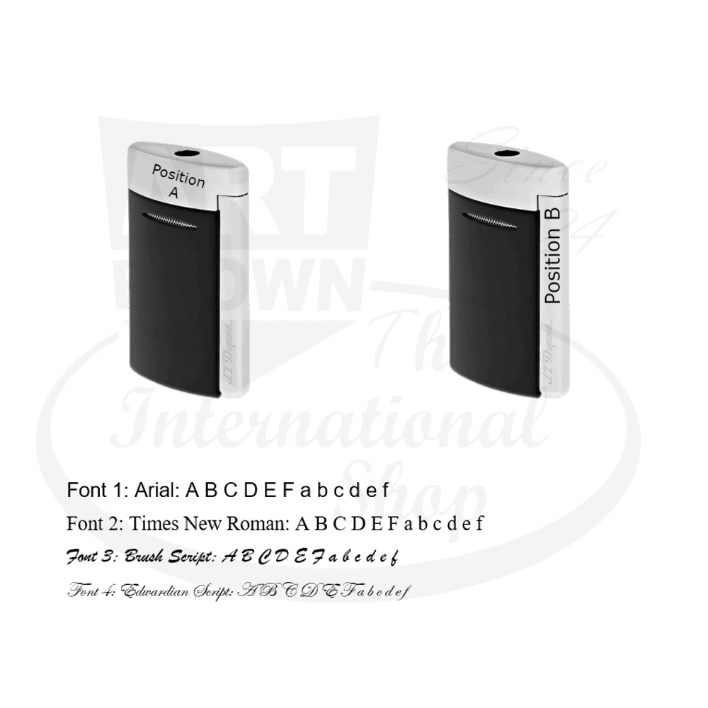 S.T. Dupont Minijet custom engraving locations shown on black lacquer lighter with silver-tone trim, displaying positions A and B with font style samples