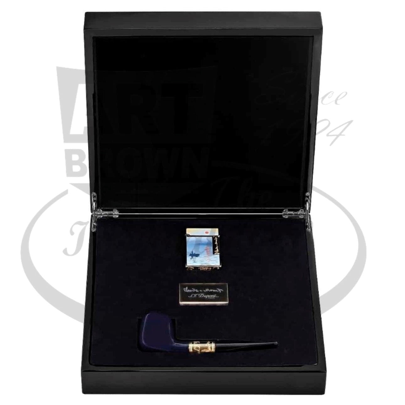 S.T. Dupont Monet Smoking Kit Impression Sunrise 016349C2 briarwood pipe, blue lacquer, gold flame lighter in black case