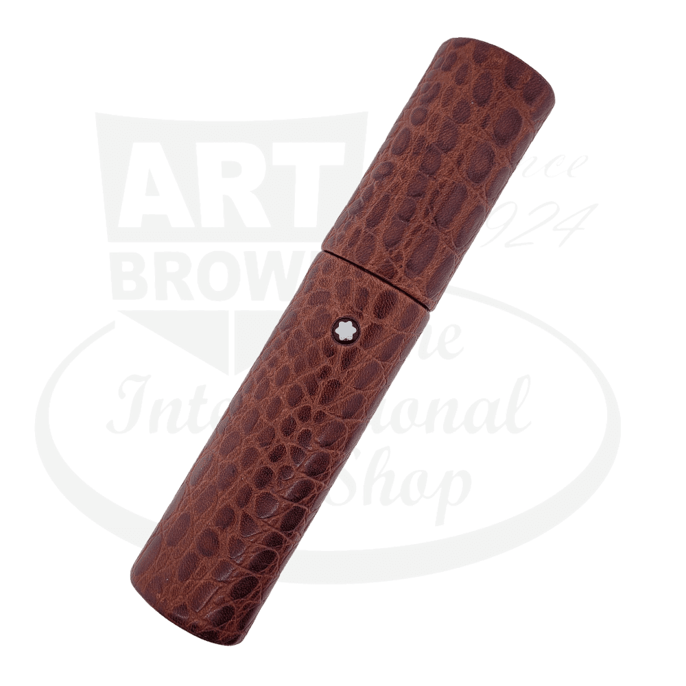 Montblanc Florence burgundy crocodile leather pen case, cylindrical shape, single Montblanc star emblem, textured exterior, holds 1-2 pens, 6 inches long