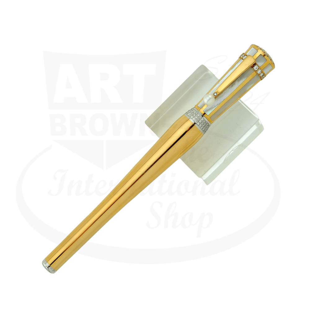Montblanc Greta Garbo 18K gold fountain pen featuring diamond accents, mother-of-pearl inlay, and Akoya pearl clip in sleek elongated design