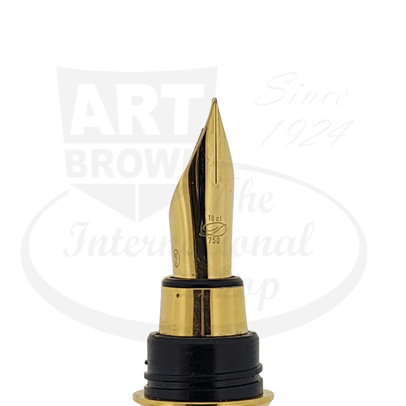 ST Dupont Montparnasse XL 18K gold fine nib with black barrel and gold-plated trim, close-up view showing detailed craftsmanship of fountain pen tip