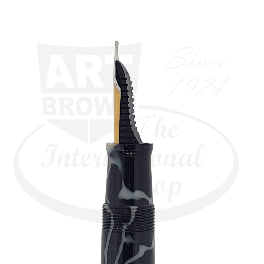 OMAS Galileo Galilei 650th Anniversary Medium Fountain Pen in marbled black and grey celluloid with silver and gold trim bands, featuring vintage Paragon design with flat clip and distinctive ribbed section against white background.