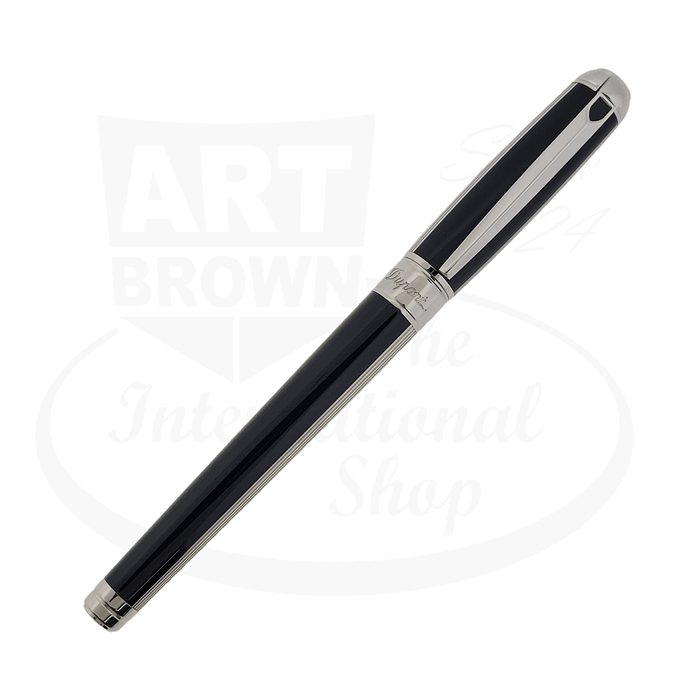 S.T. Dupont Windsor Fountain Pen featuring an elegant black lacquer fountain pen with palladium trim and signature D blazon design, showcasing luxury craftsmanship and timeless style from the Line D collection.