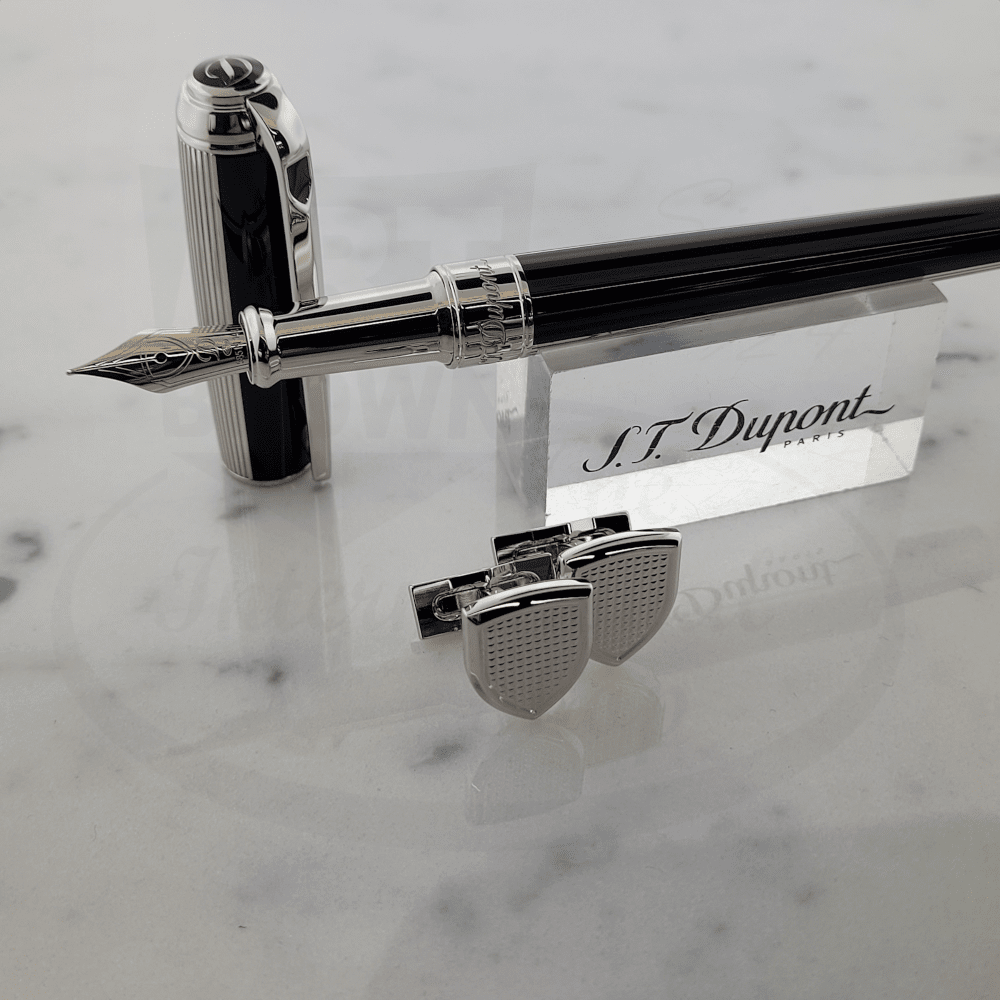 S.T. Dupont Line D Windsor Fountain Pen 410110M black lacquer brass with silver accents and matching cufflinks on marble