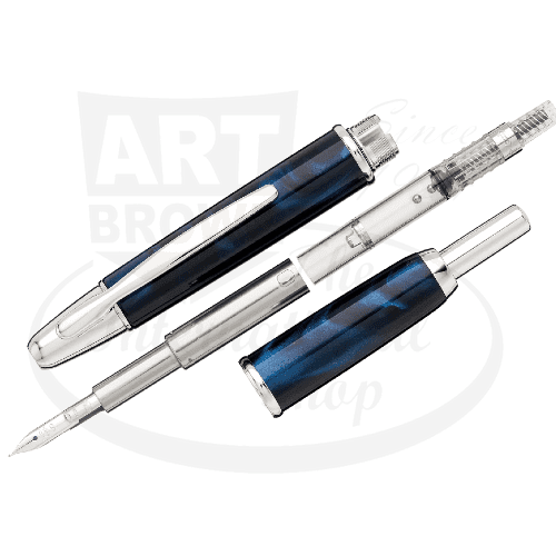 Pilot Vanishing Point SE fountain pen in marbled medium blue resin with rhodium trim, showing retractable mechanism and 18k gold nib