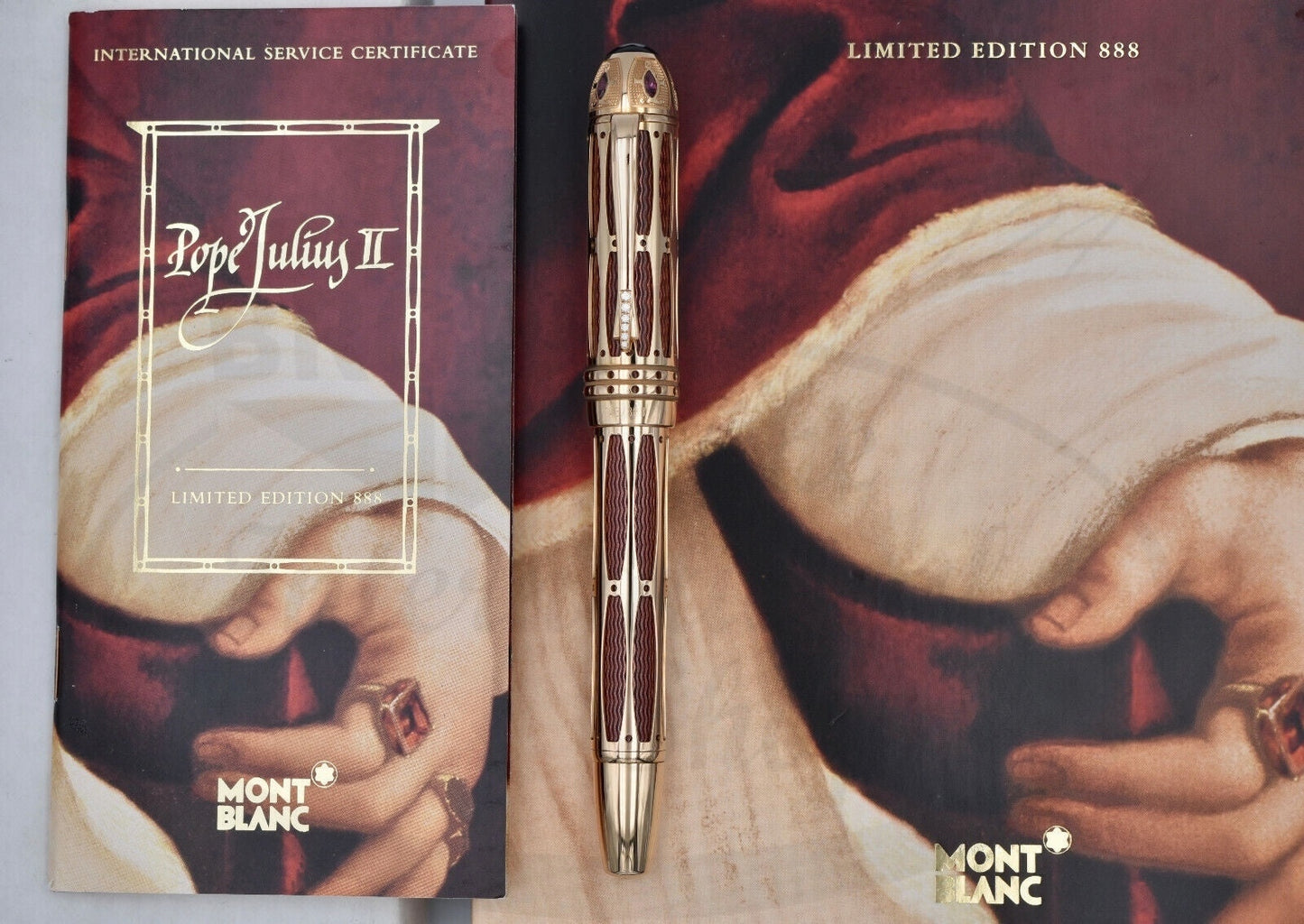 Montblanc Pope Julius II Limited Edition 888 fountain pen in 18kt yellow gold with claret enamel guilloche, featuring cathedral-inspired fenestration and papal coat of arms