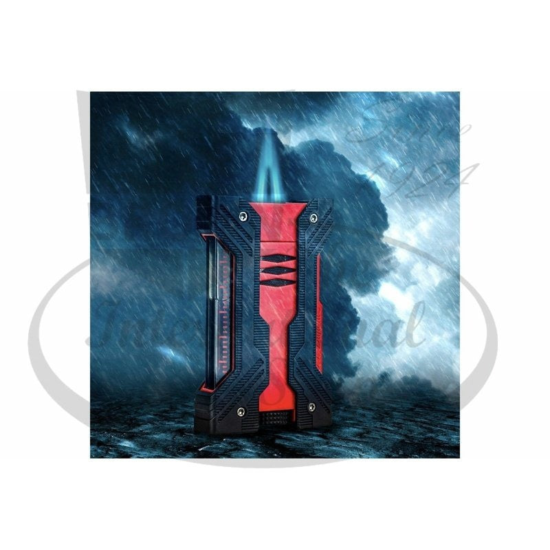 S.T. Dupont Defi XXtreme 021601 black and matte red metal lighter with double flame in stormy setting