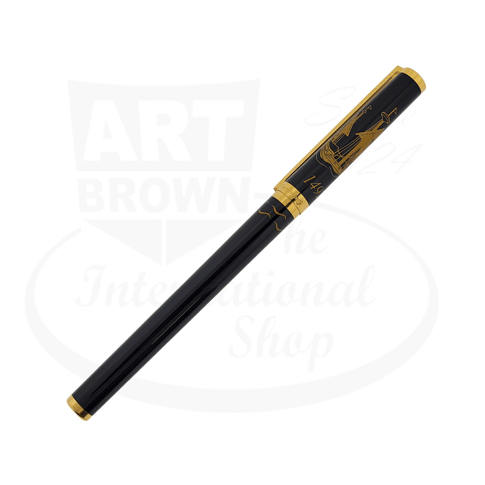 S.T. Dupont Classique 1492 Columbus rollerball pen in black lacquer with gold trim, featuring sailing ship design, numbered 1775/2000 limited edition